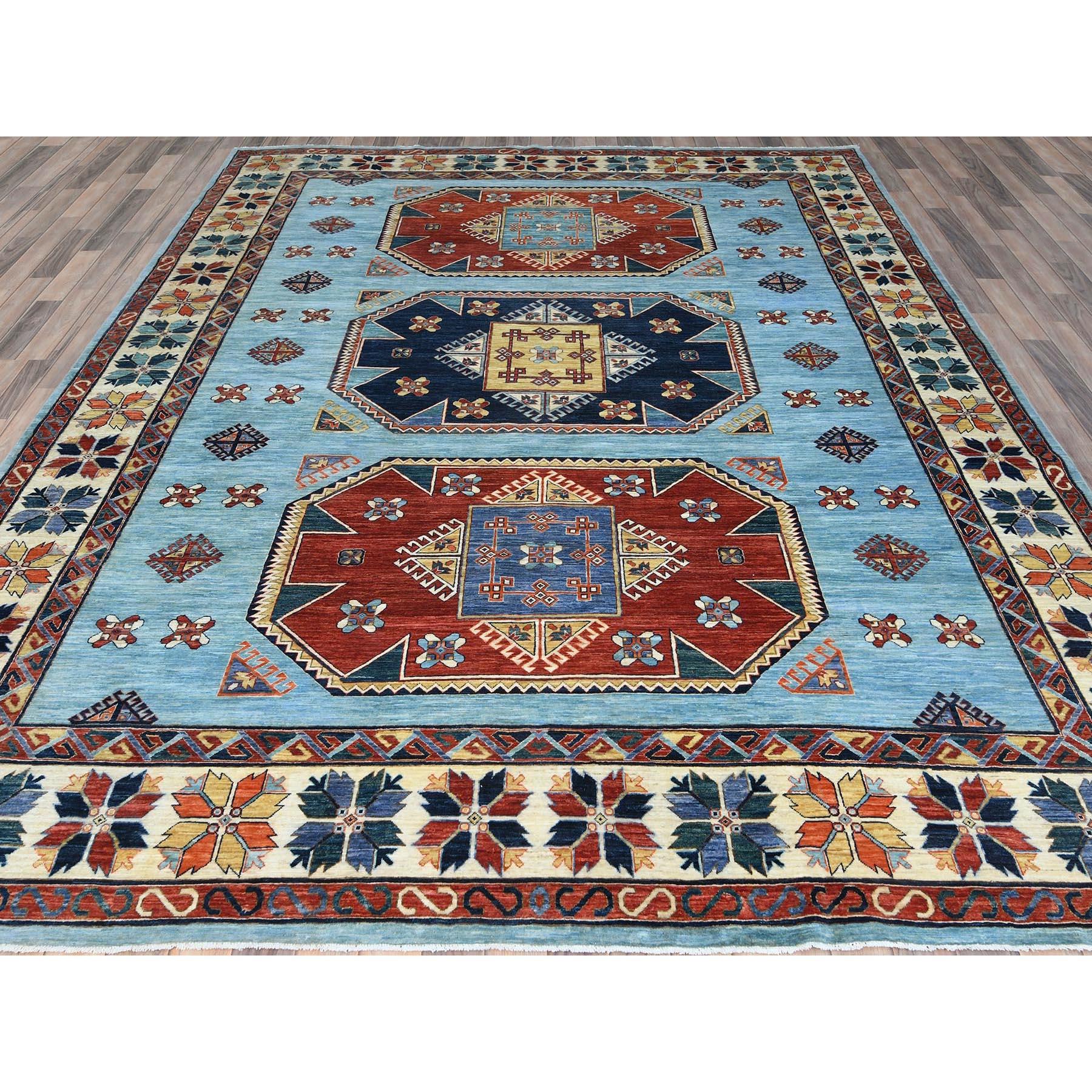 Sky Blue, Armenian Inspired Caucasian Design with Large Medallions 200 KPSI, Vegetable Dyes, Extra Soft Wool Hand Knotted Oriental Rug
Primary materials: Wool
Latex: No Pile 
height: 0.25 Inches
Style: Traditional
Primary color: Blue
Secondary