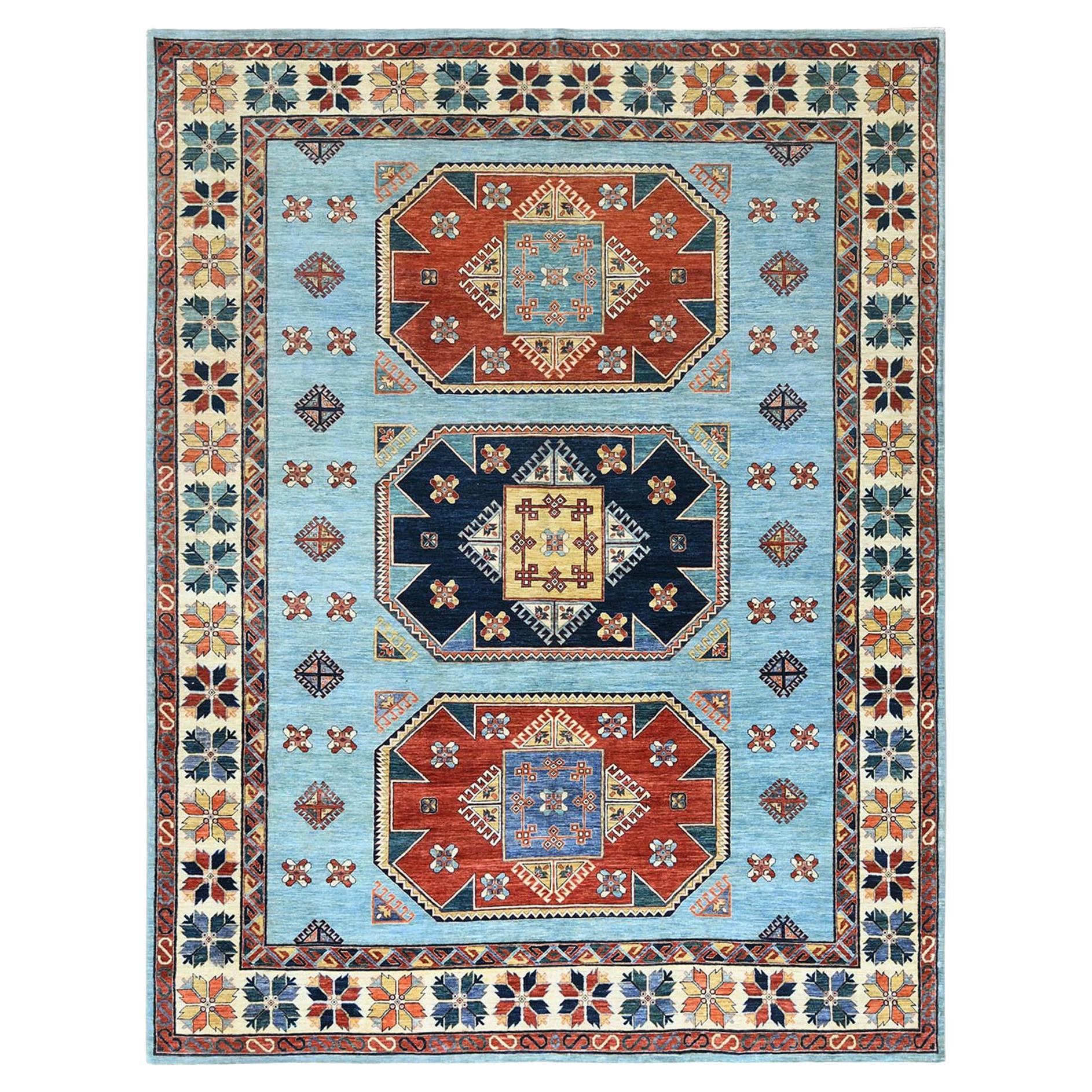 9'x11'8" Blue Armenian Inspired Caucasian Design 200 KPSI Hand Knotted Wool Rug For Sale