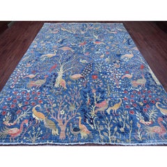 9'x11'8" Blauer Peshawar mit Paradiesvogel-Design Handgeknüpfter Teppich aus reiner Wolle