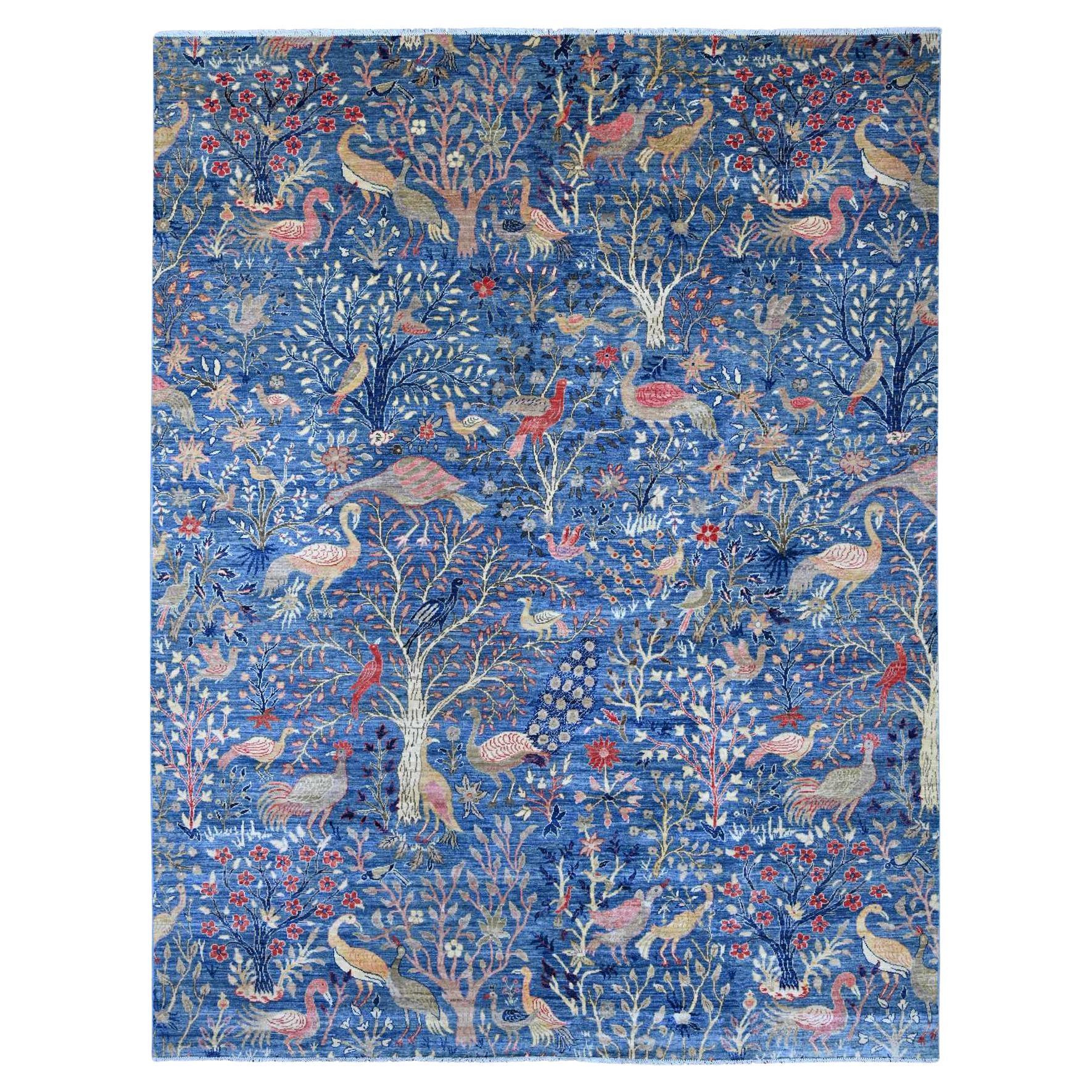 9'x11'8" Blue Peshawar with Birds of Paradise Design Hand Knotted Pure Wool Rug