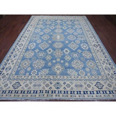 Tappeto in lana annodato a mano 9'x11'8" blu Kazak dall'aspetto vintage con motivi geometrici