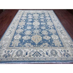 Tappeto in lana annodato a mano 9'x11'8" blu Kazak dall'aspetto vintage con motivi geometrici