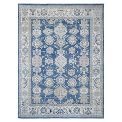Tappeto in lana annodato a mano 9'x11'8" blu Kazak dall'aspetto vintage con motivi geometrici