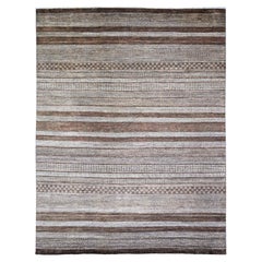 9'x11'8" Marrone Gabbeh Modern Stripe Design Tappeto orientale in morbida lana annodata a mano