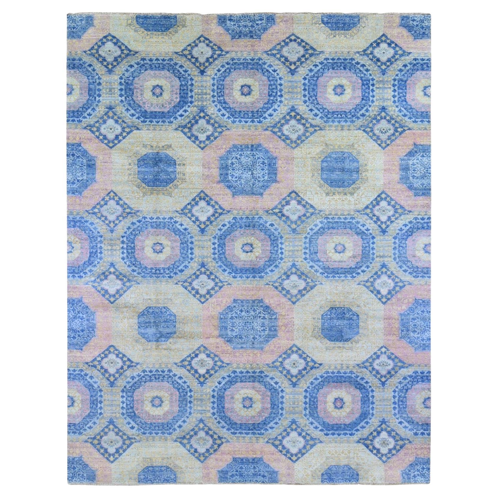 9'x11'8" Denim Blue Mamluke Wiederholtes Design mit Pastellfarben Handgeknüpfter Wollteppich im Angebot