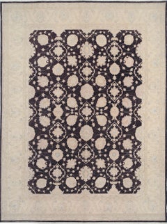9x11.8 ft Tappeto in lana marrone e avorio annodato a mano. Tappeto a traliccio Ogee