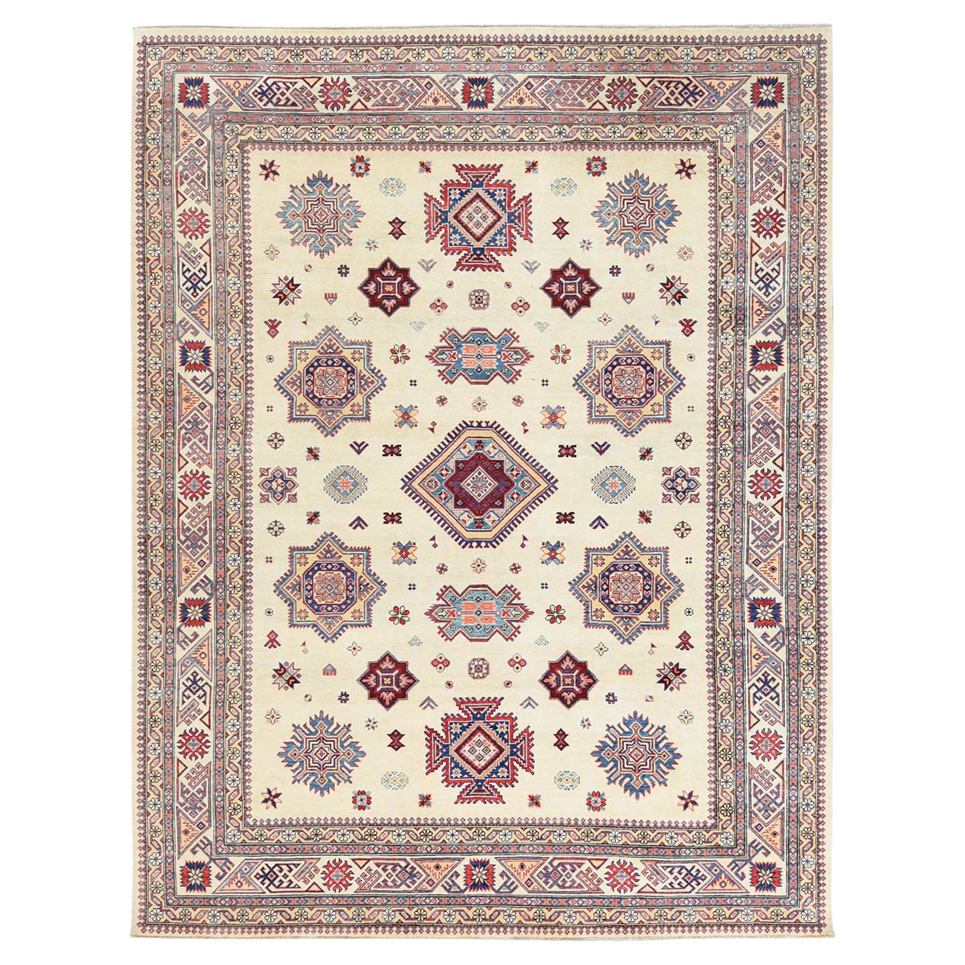 9'x11'8" Hand Knotted, Ivory, Afghan Special Kazak, Pure Wool, Oriental Rug