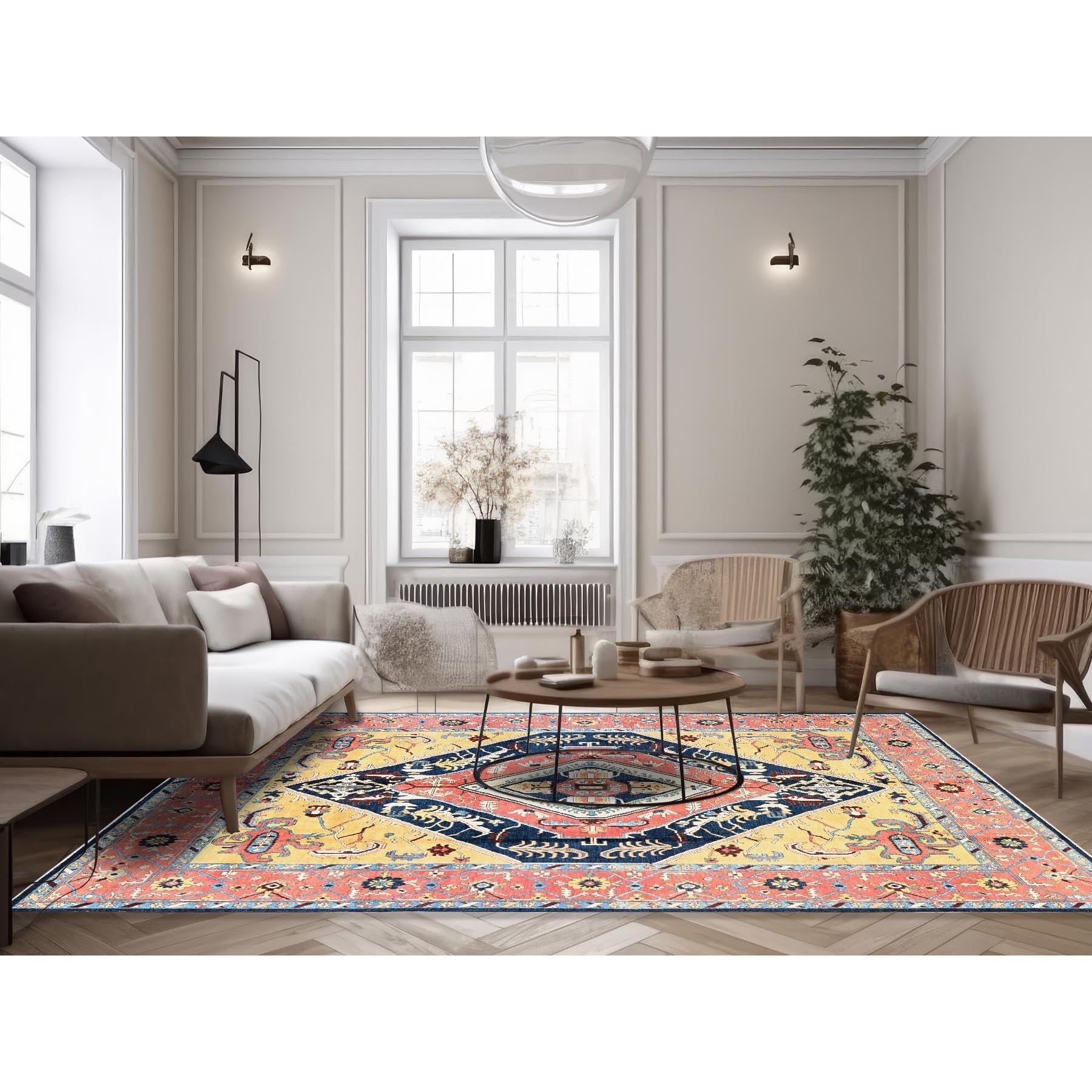 Mitternachtsblau mit Gelb, afghanischer Peshawar mit Serapi Heriz Design, dichtes Geflecht, Pflanzenfarben, reine Wolle, handgeknüpft, Orientteppich
Primäre MATERIALIEN: Wolle
Latex: Kein Flor 
Höhe: 0,25 Zoll
Stil: Traditionell
Grundfarbe: