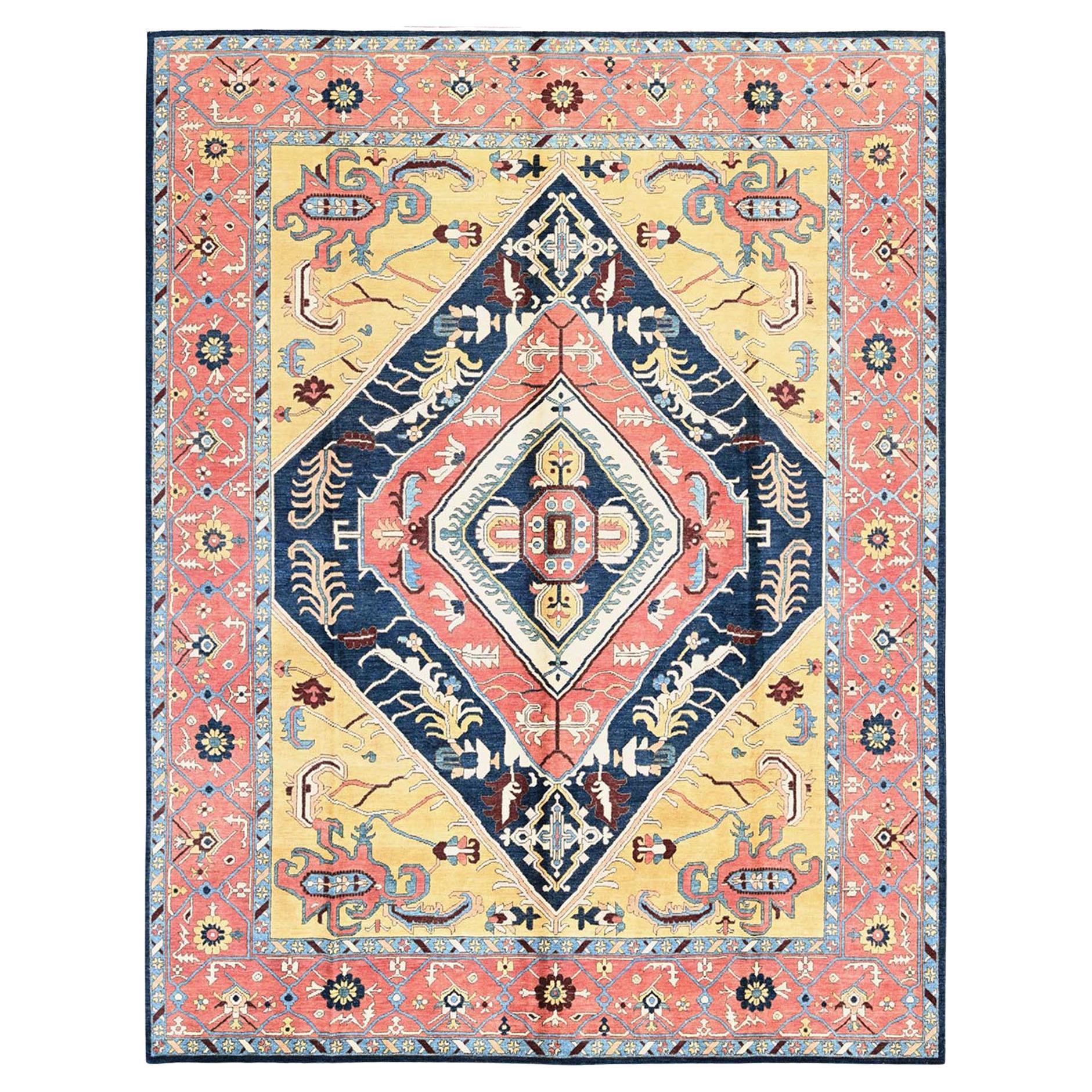 9'x11'8" Midnight Blue with Yellow Serapi Heriz Design Hand Knotted Wool Rug For Sale