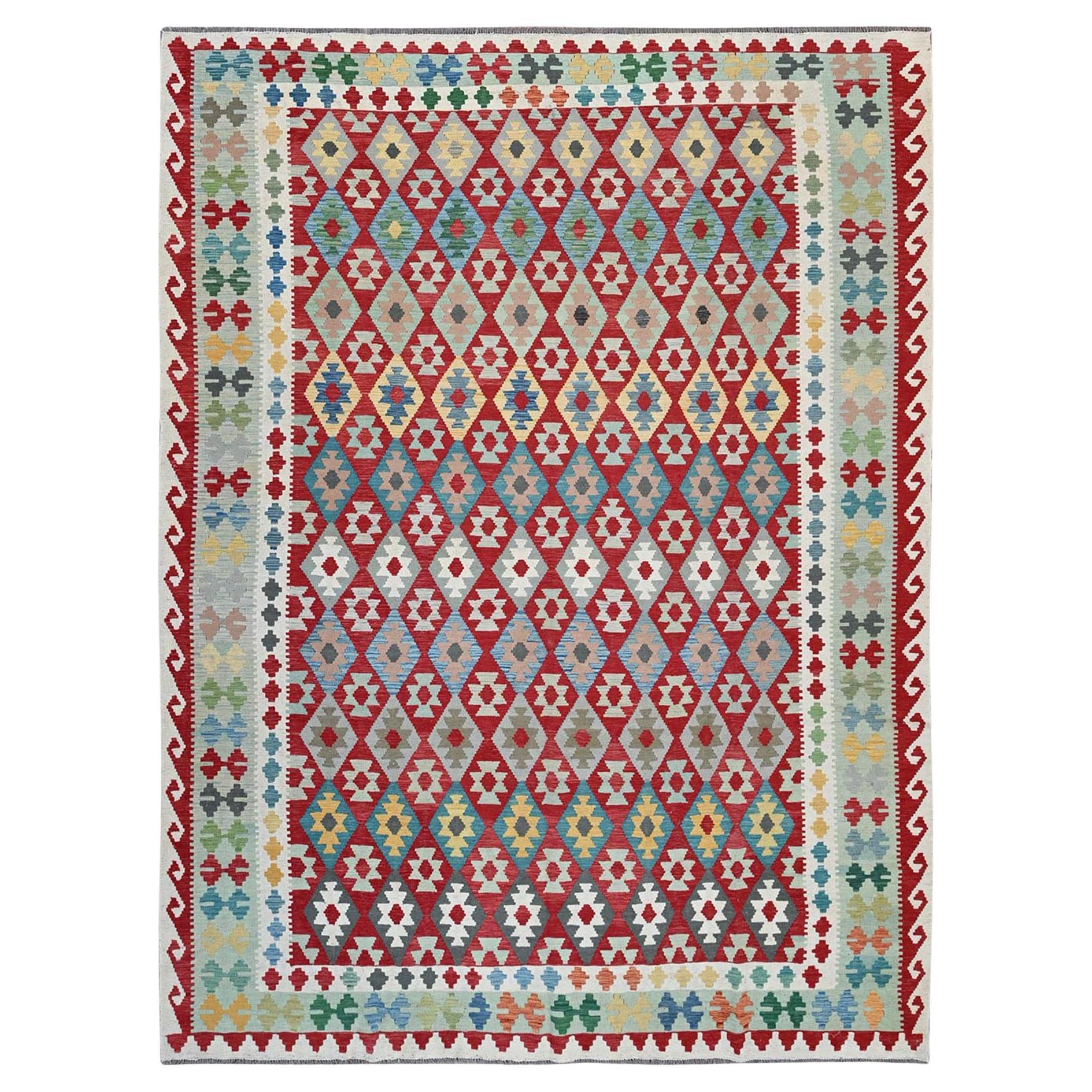 9
x11
8" Red Afghan Kilim with Geometric Pattern Hand Woven Flat Weave Wool Rug For Sale