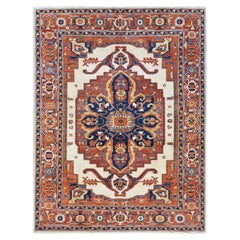 9'x11'8" Red Antiqued Persian Serapi Inspired Design Pure Wool Hand Knotted Rug
