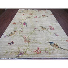 9'x11'9" Beige Sparrows on the Tree Peshawar Hand Knotted All Wool Oriental Rug