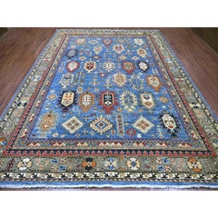 Tappeto di lana annodato a mano 9'x11'9" blu afghano Ersari con disegno caucasico Revival