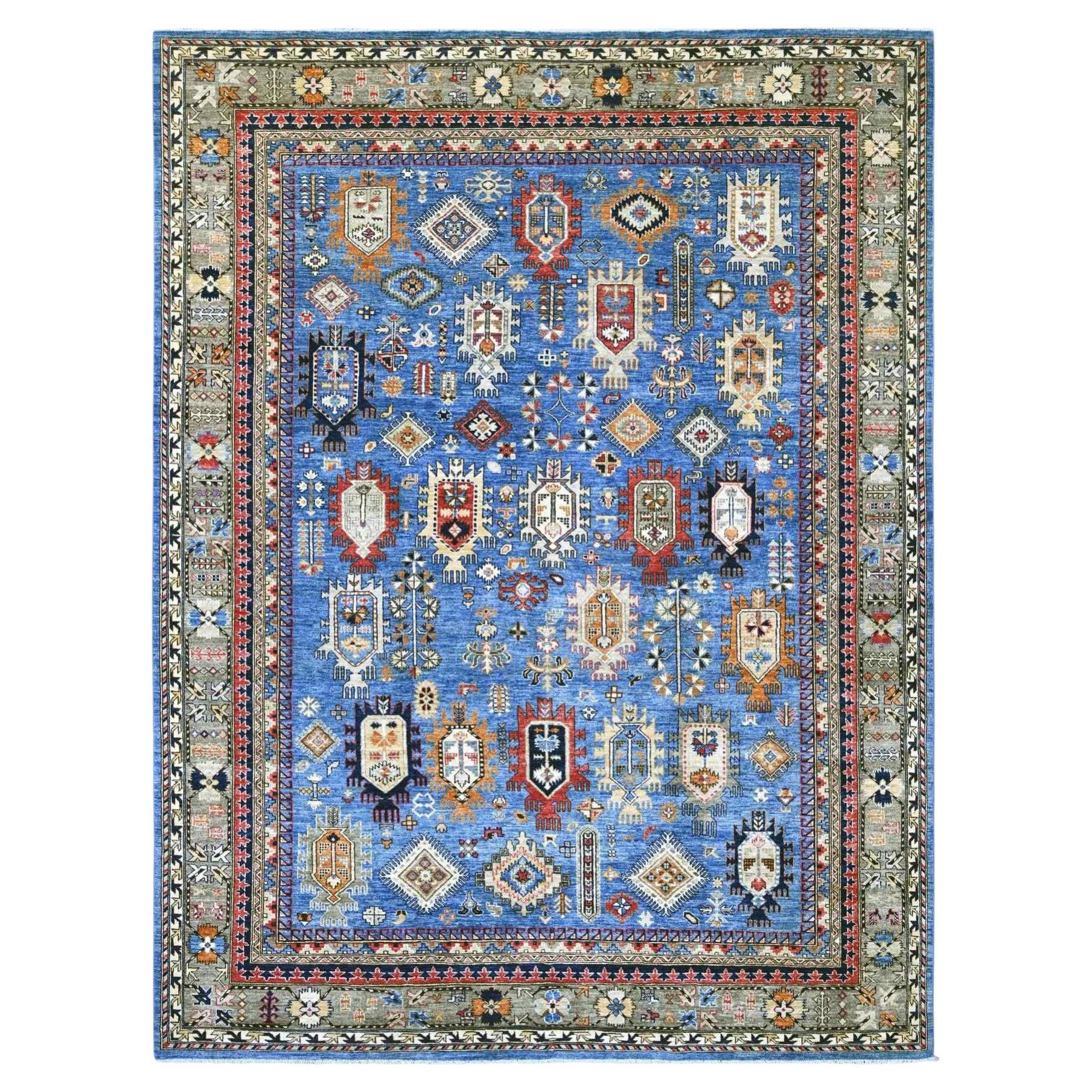 9'x11'9" Blue Afghan Ersari with Caucasian Design Revival Hand Knotted Wool Rug