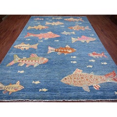 9'x11'9" Blue Afghan Peshawar Oceanic Fish Design Soft Wool Hand Knotted Rug
