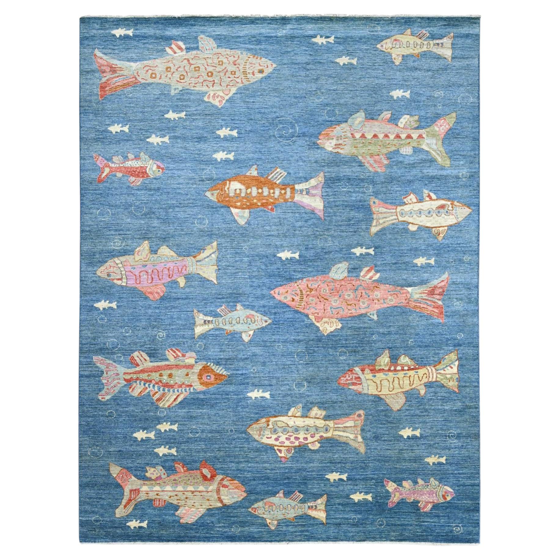 9'x11'9" Blue Afghan Peshawar Oceanic Fish Design Soft Wool Hand Knotted Rug