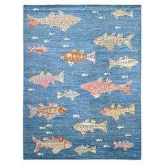 9'x11'9" Blue Afghan Peshawar Oceanic Fish Design Soft Wool Hand Knotted Rug