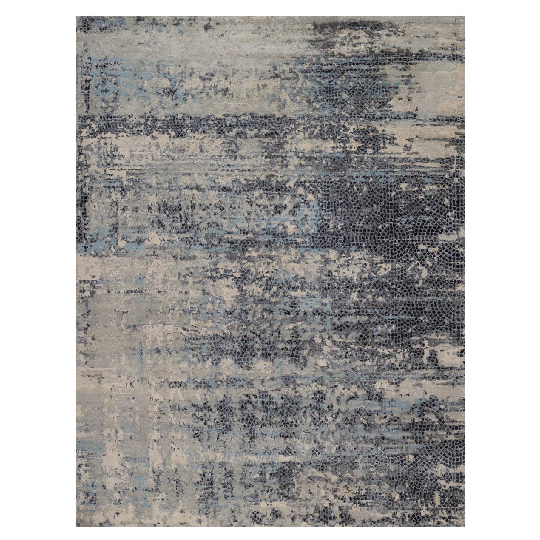 9'x11'9" Blue-Gray Hand Knotted Modern Abstract Design Wool & Silk Oriental Rug