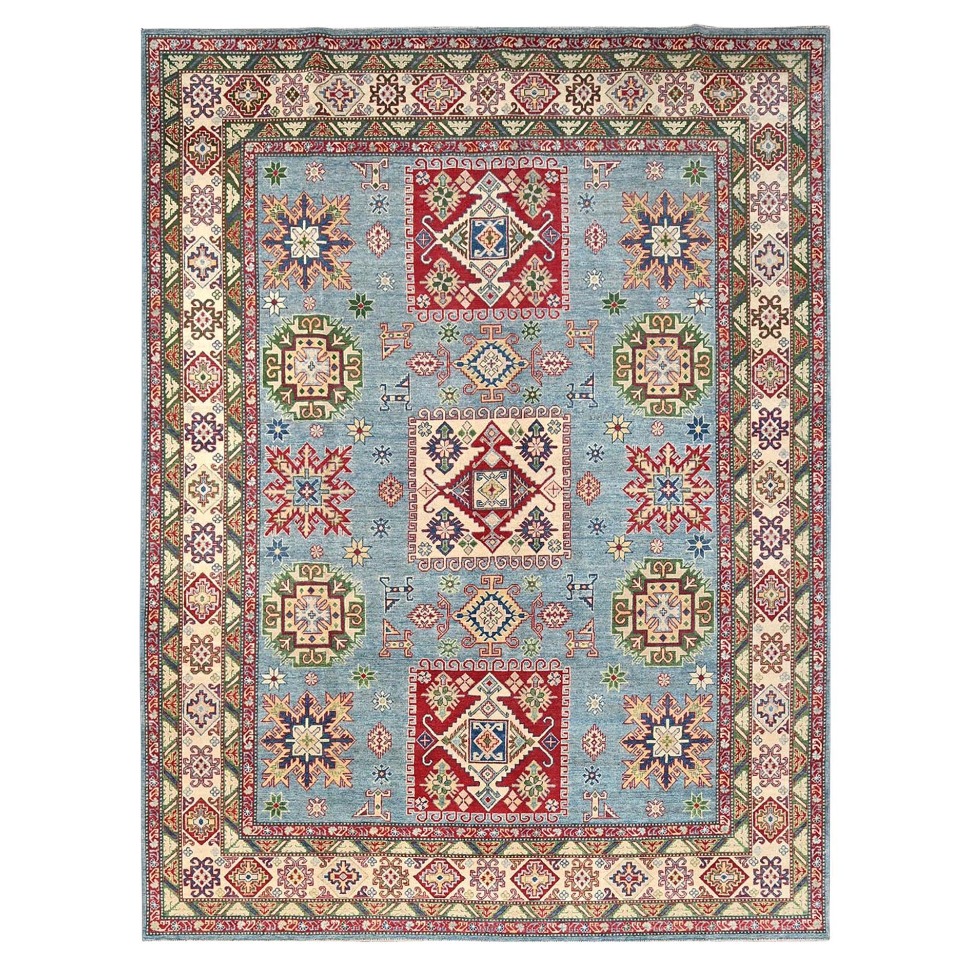 9
x11
9" Blue Hand Knotted Kazak Tribal Pattern Pure Wool Oriental Rug