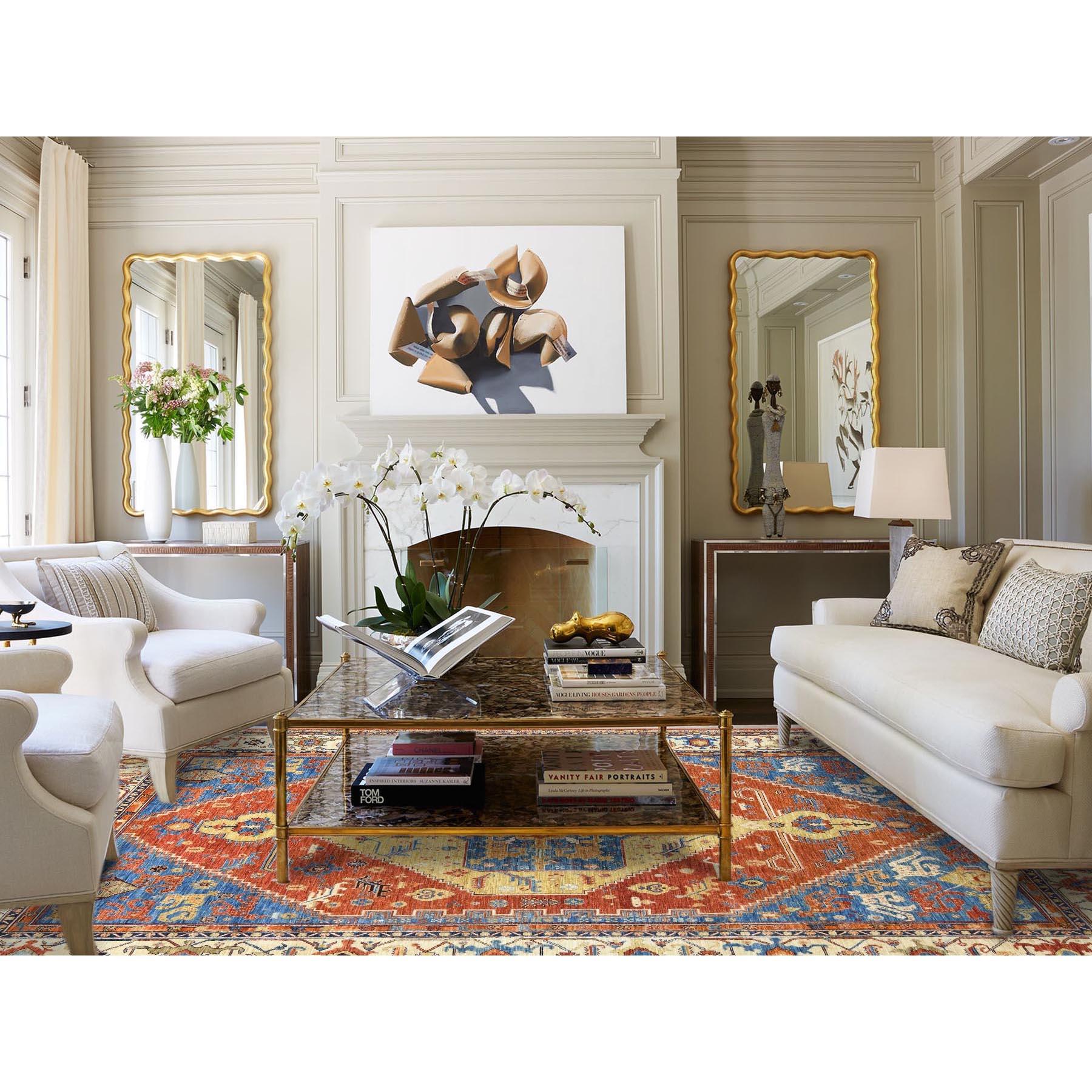 Air Force Blue, Serapi Heriz Design 200 KPSI, Natural Dyes Densely Woven, Soft Wool Hand Knotted, Oriental Rug
Primary materials: Wool
Latex: No Pile 
height: 0.25 Inches
Style: Traditional
Primary color: Blue
Secondary colors: Red, Yellow, Brown,