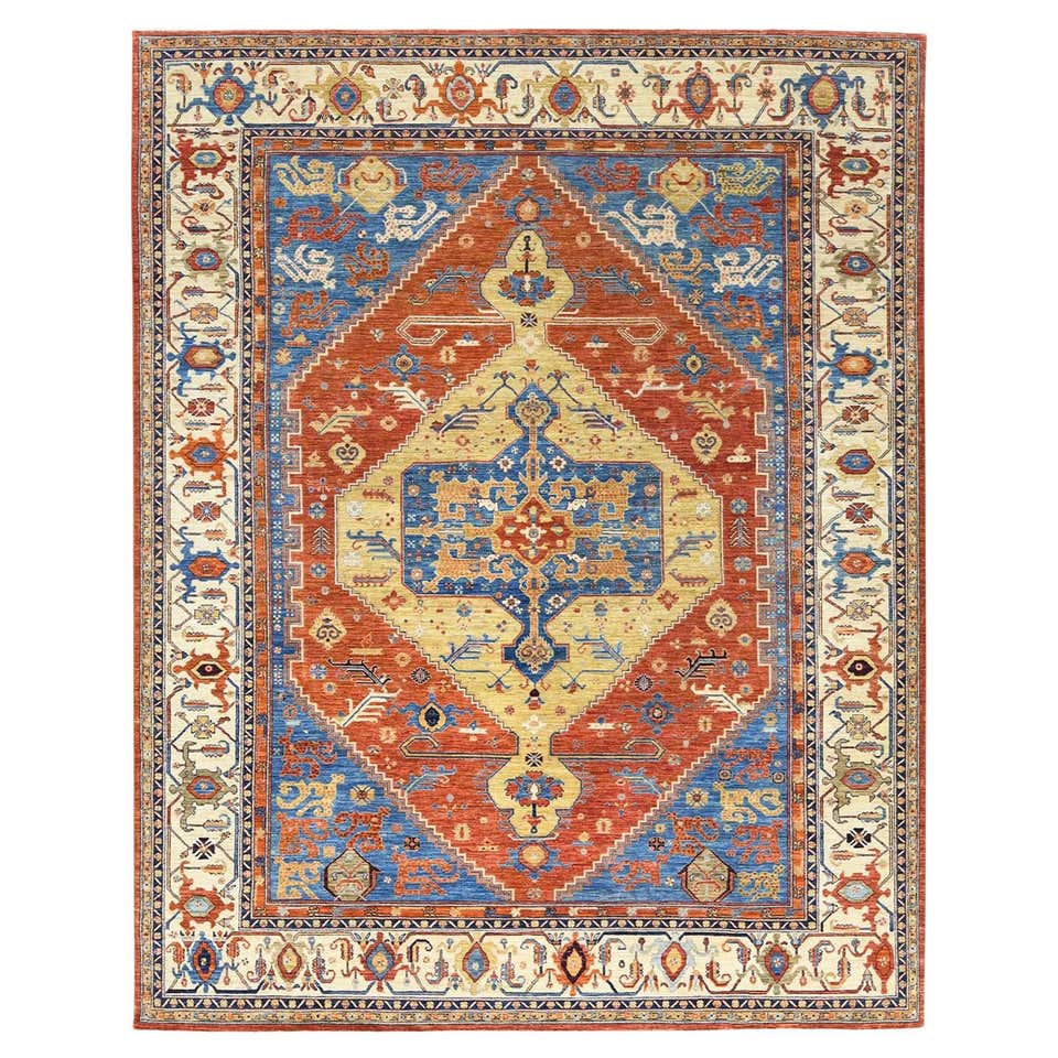 Traditional Serapi Hand Knotted Wool Blue Area Rug For Sale at 1stDibs