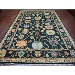 Alfombra de angora anudada a mano Charleston Verde 9'x11'9 Diseño de hojas Oushak Lana pura