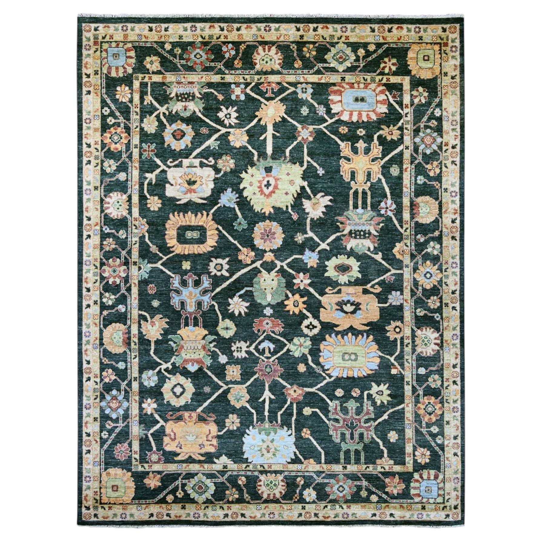 9'x11'9" Charleston Green Hand Knotted Angora Oushak Leaf Design Pure Wool Rug