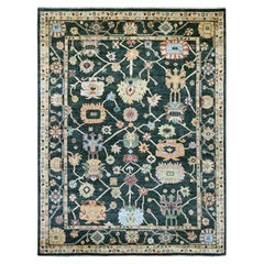Alfombra de angora anudada a mano Charleston Verde 9'x11'9 Diseño de hojas Oushak Lana pura