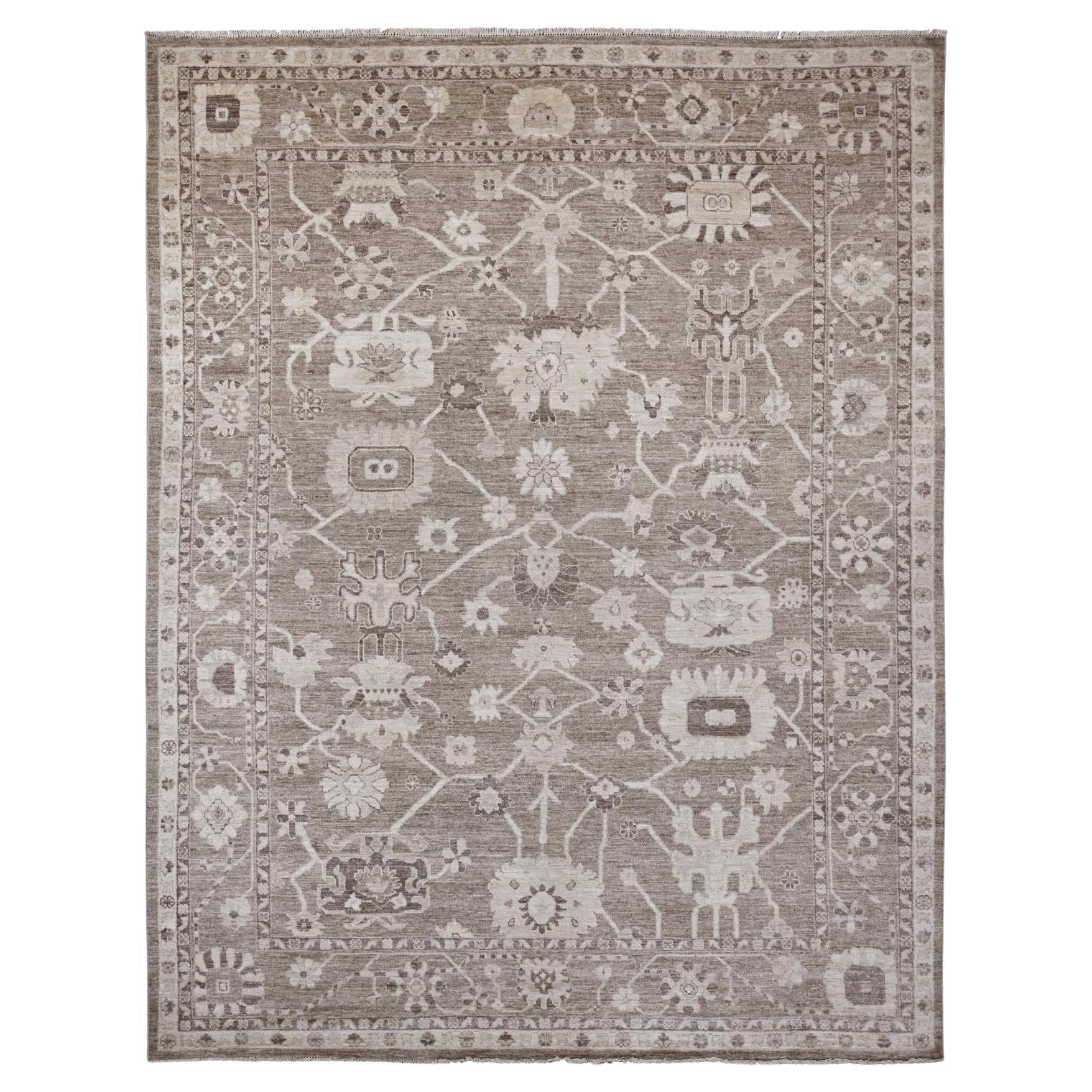 9'x11'9" Coffee Brown Afghan Angora Oushak Leaf Design Hand Knotted All Wool Rug