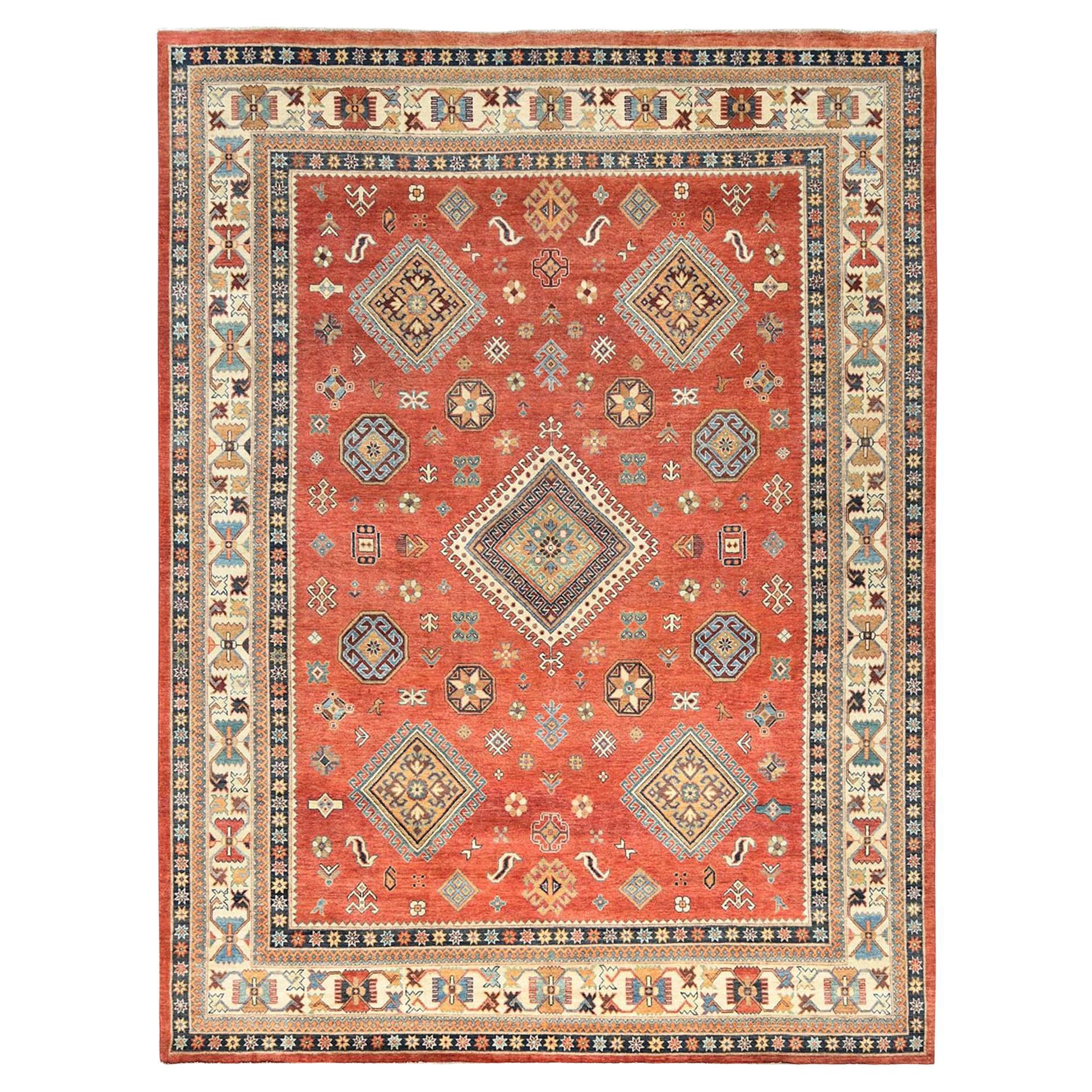 9'x11'9" Rojo Carmesí Especial Kazak Todo Sobre Medallones Anudada a Mano Alfombra Toda Lana en venta