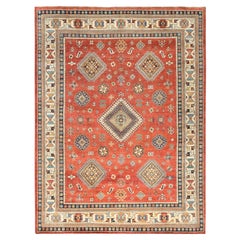 9'x11'9" Rojo Carmesí Especial Kazak Todo Sobre Medallones Anudada a Mano Alfombra Toda Lana