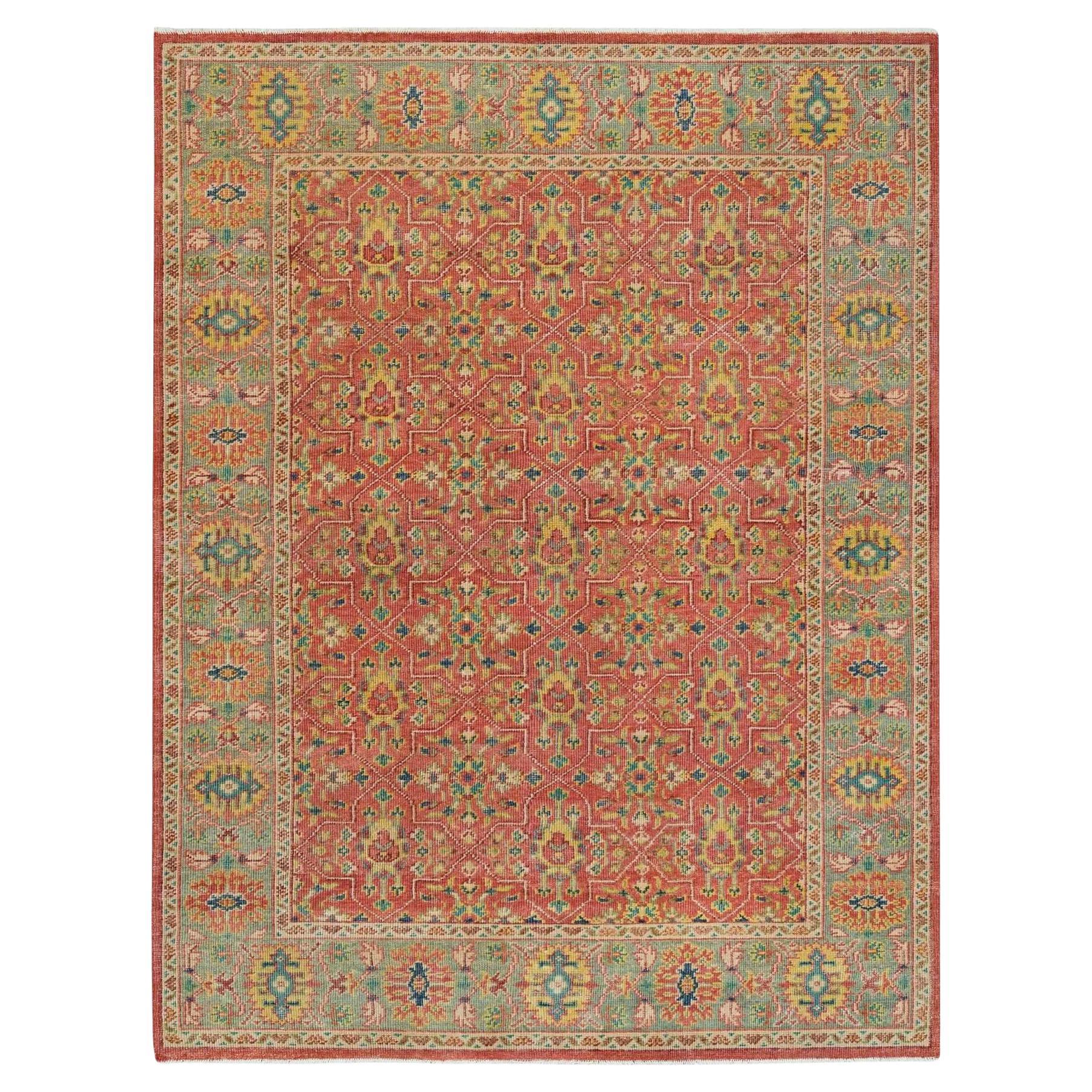 9'x11'9" Fire Brick Red, Hand Knotted, Antiqued Oushak Design Soft Wool Rug