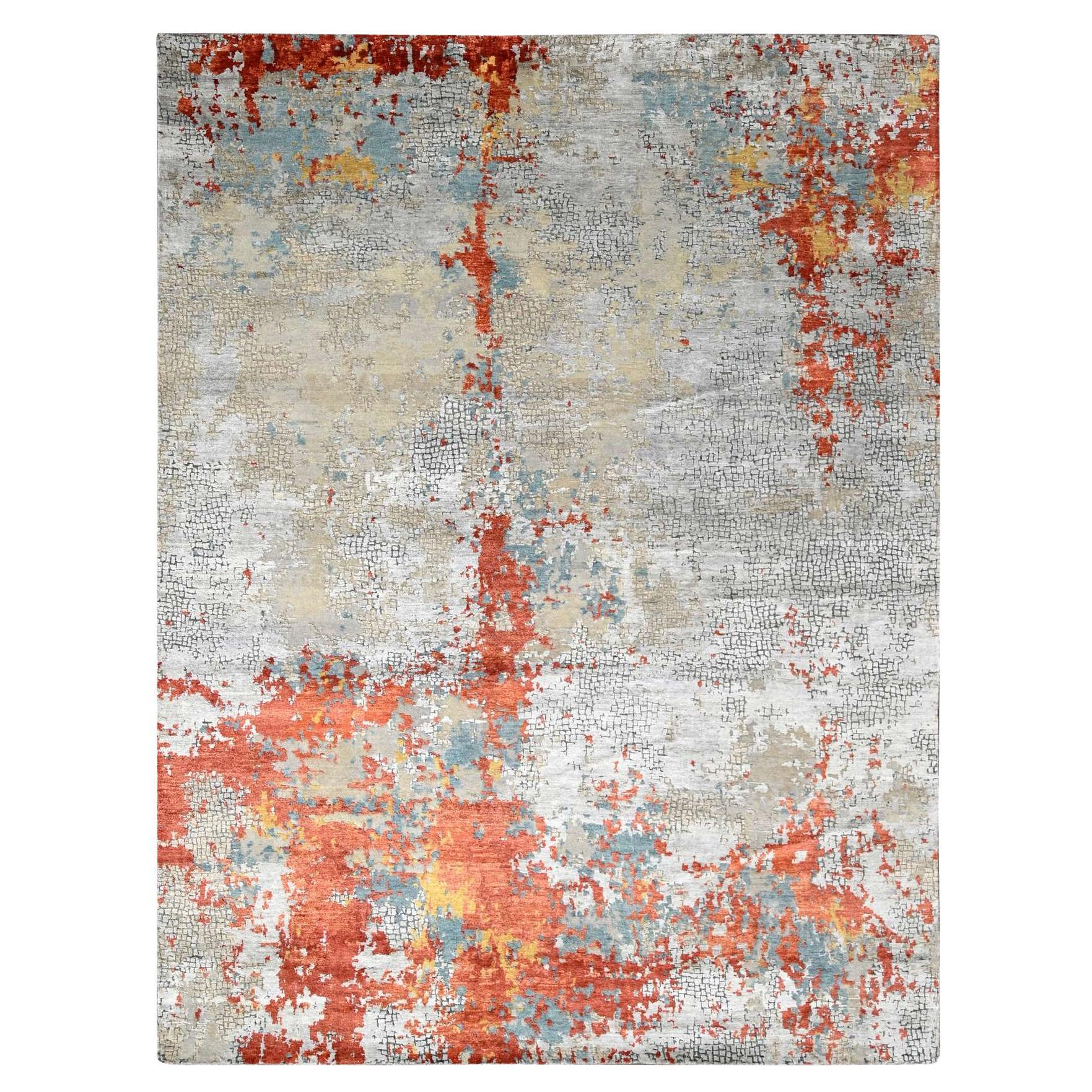 9'x11'9" Flame Orange Abstract Fire Design Hand Knotted Wool and Silk Rug
