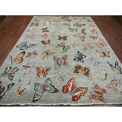 9'x11'9" Gray Peshawar Colorful Butterfly Design Hand Knotted Wool Oriental Rug