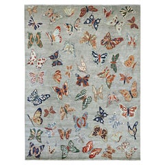 9'x11'9" Gray Peshawar Colorful Butterfly Design Hand Knotted Wool Oriental Rug