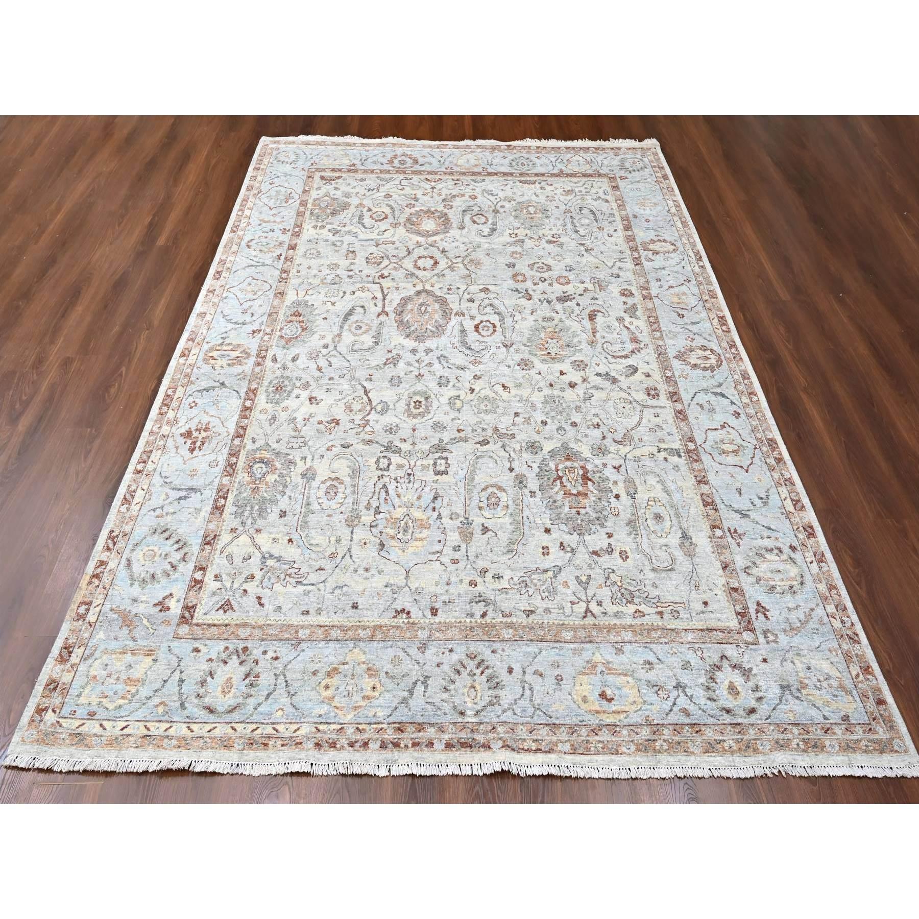 Misty Gray, 100% Wool, Antiqued Persian Ziegler Mahal Design, Distressed, Zero Pile, Shaved Low, Hand Knotted, Oriental Rug
Primary materials: Wool
Latex: No Pile 
height: 0.25 Inches
Style: Traditional
Primary color: Grey
Secondary colors: Orange,