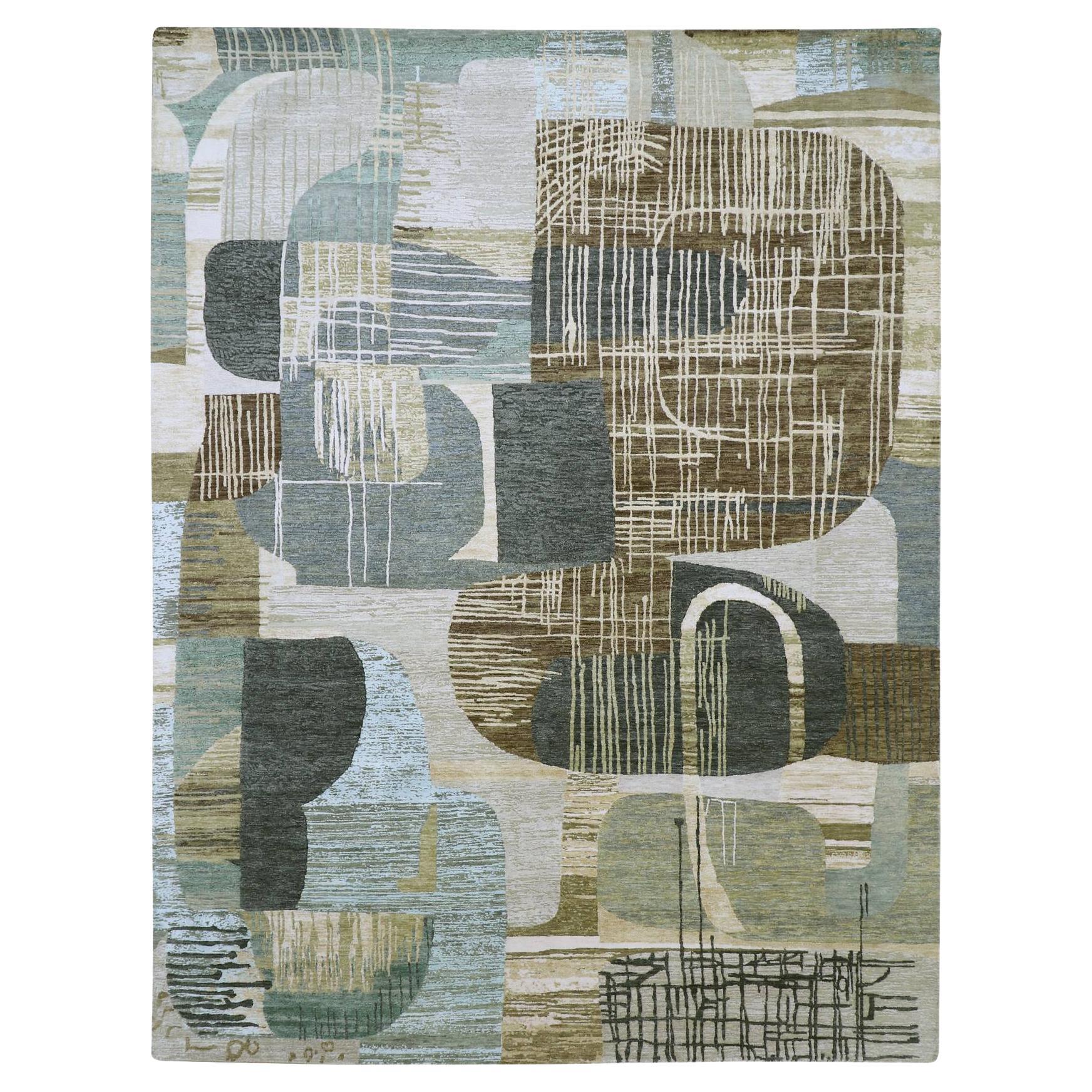 9
x11
9" Gray with Brown Abstract Geometric Pattern Hand Knots Rugs Pure Wool