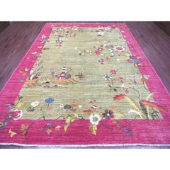 9'x11'9" Green Chinese Art Deco Inspired Peshawar Hand Knotted Soft Wool Rug