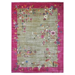 9'x11'9" Green Chinese Art Deco Inspired Peshawar Hand Knotted Soft Wool Rug