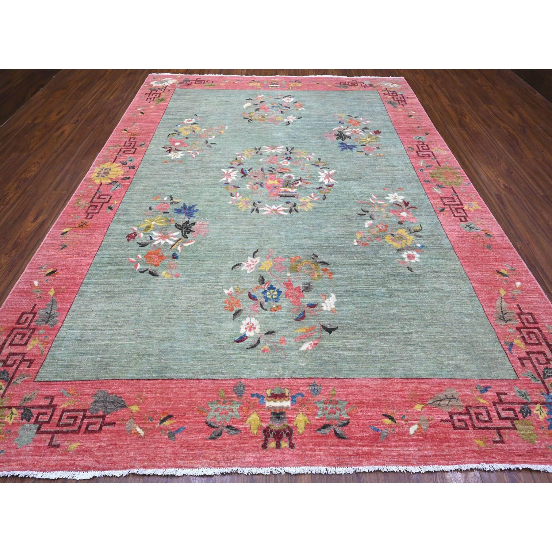 Pistachio Green, Chinese Art Deco Revival, 100% Wool, Hand Knotted, Oriental Rug
Primary materials: Wool
Latex: No Pile 
height: 0.25 Inches
Style: Traditional
Primary color: Green
Secondary colors: Ivory, Blue, Yellow, Brown, Gray, Orange,