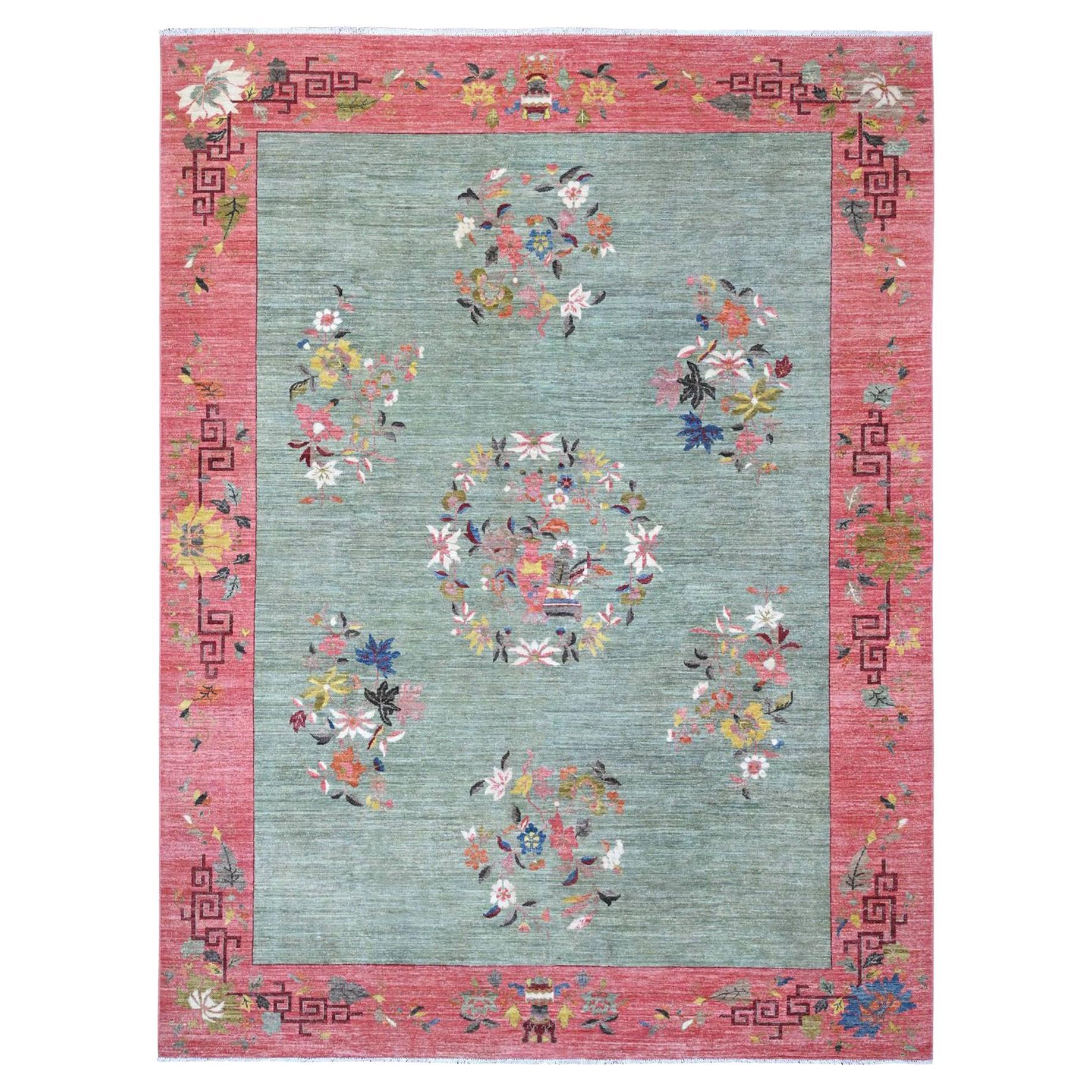 9'x11'9" Green Chinese Art Deco Revival 100% Wool Hand Knotted Oriental Rug For Sale