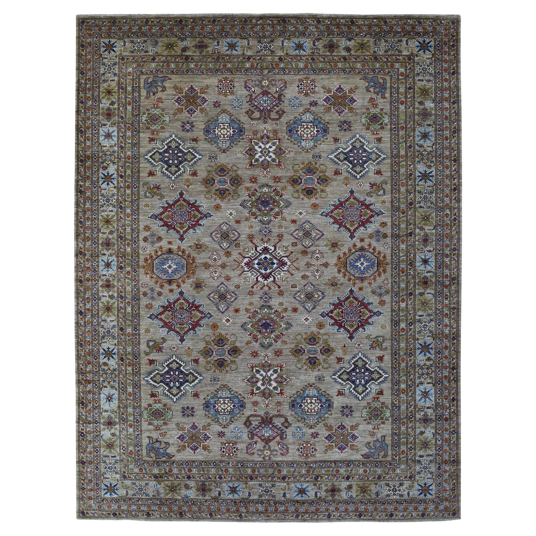 9'x11'9" Super Kazak Beige Anudada a Mano con Diseño Geométrico Alfombra de Lana Suave