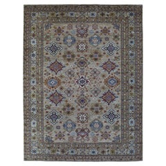 9'x11'9" Super Kazak Beige Anudada a Mano con Diseño Geométrico Alfombra de Lana Suave