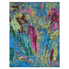 9'x11'9" Hot Pink with Sapphire Blue Modern Design Hand Knotted Pure Wool Rug