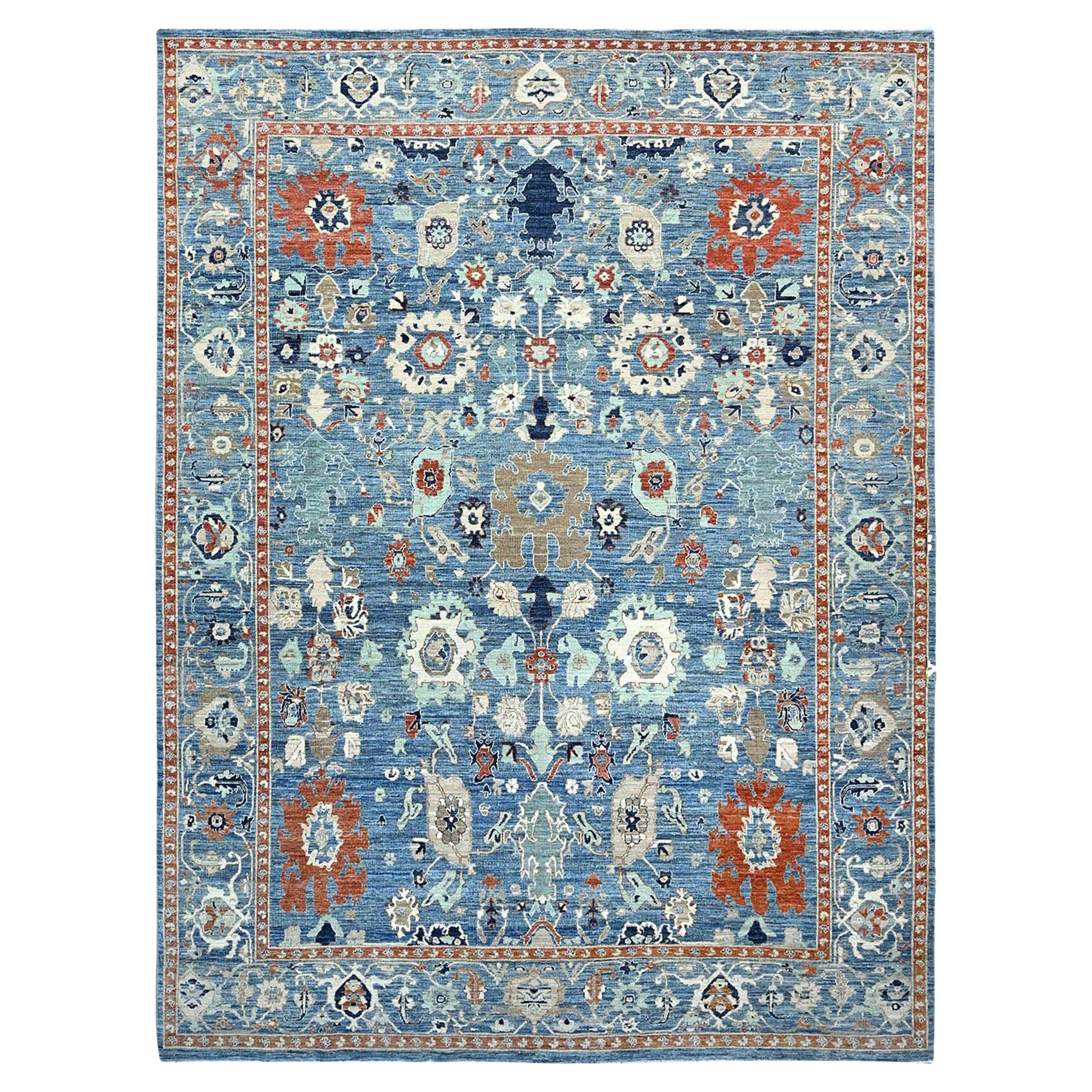 Alfombra Oriental de Pelo Cero con Diseño de Motivos Gul Azul Niágara 9'x11'9 en venta