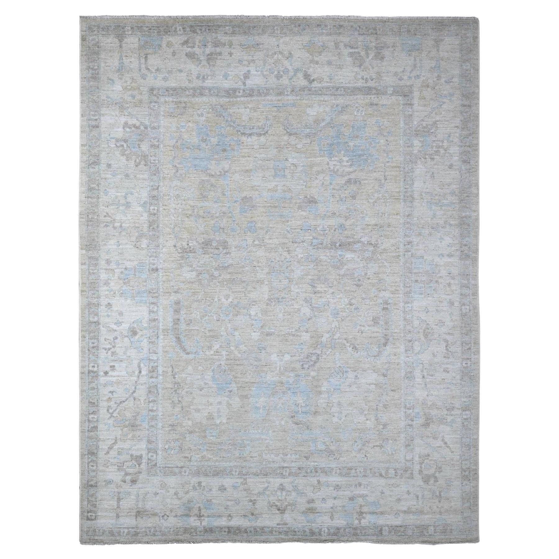 9'x11'9" Silver Green Hand Knotted Pure Wool Colorful Afghan Angora Design Rug For Sale