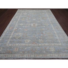9'x11'9" Schieferblauer Afghanischer Angora Oushak mit Blatt Design Handgeknüpfter Wollteppich