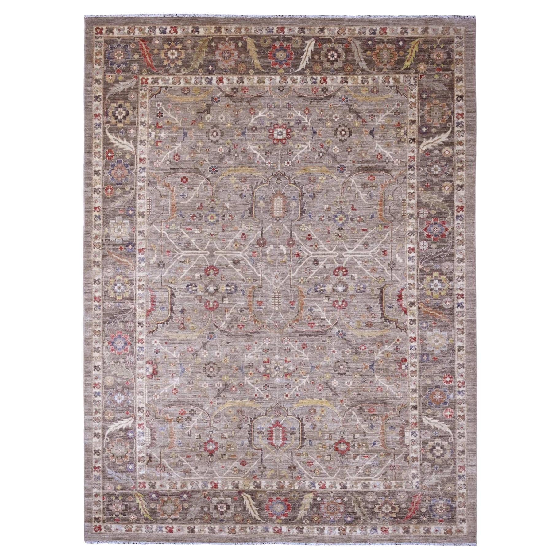 9'x11'9" Stone Gray Peshawar Heriz All Over Design Hand Knotted Pure Wool Rug