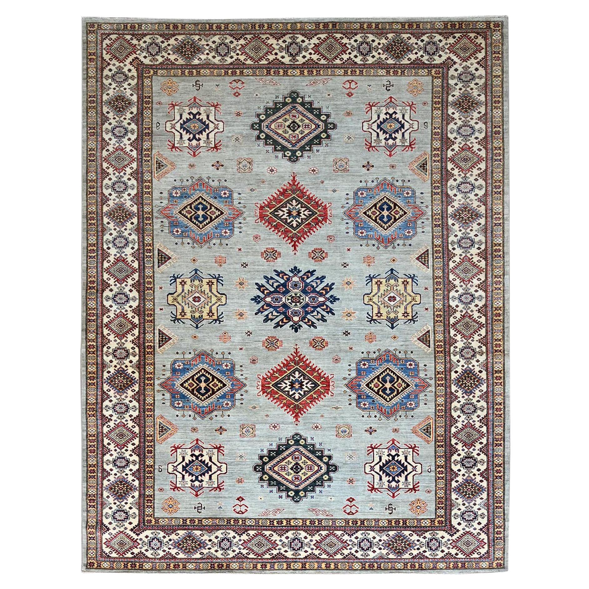 9'x11'9" Tempered Gray Afghan Super Kazak Handgeknüpfter Teppich aus Wolle Orientalisch