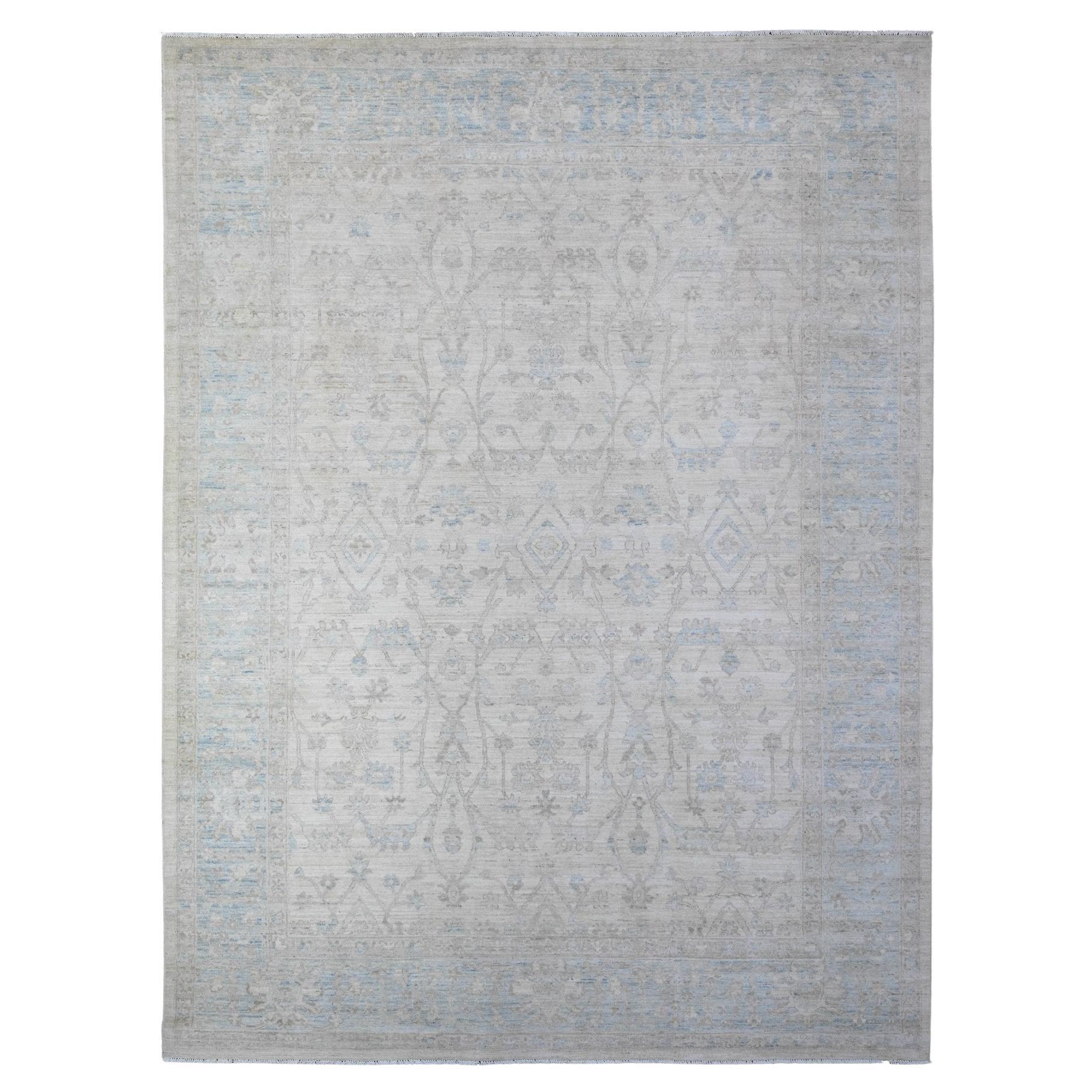 9'x11'9" Vista Weißer handgeknüpfter orientalischer Peshawar-Teppich aus reiner Wolle mit Steinwasch in Weiß
